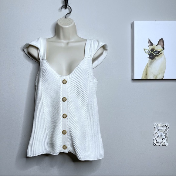 Anthropologie White Flutter Sleeve Sweater Tank Size L - Picture 4 of 9